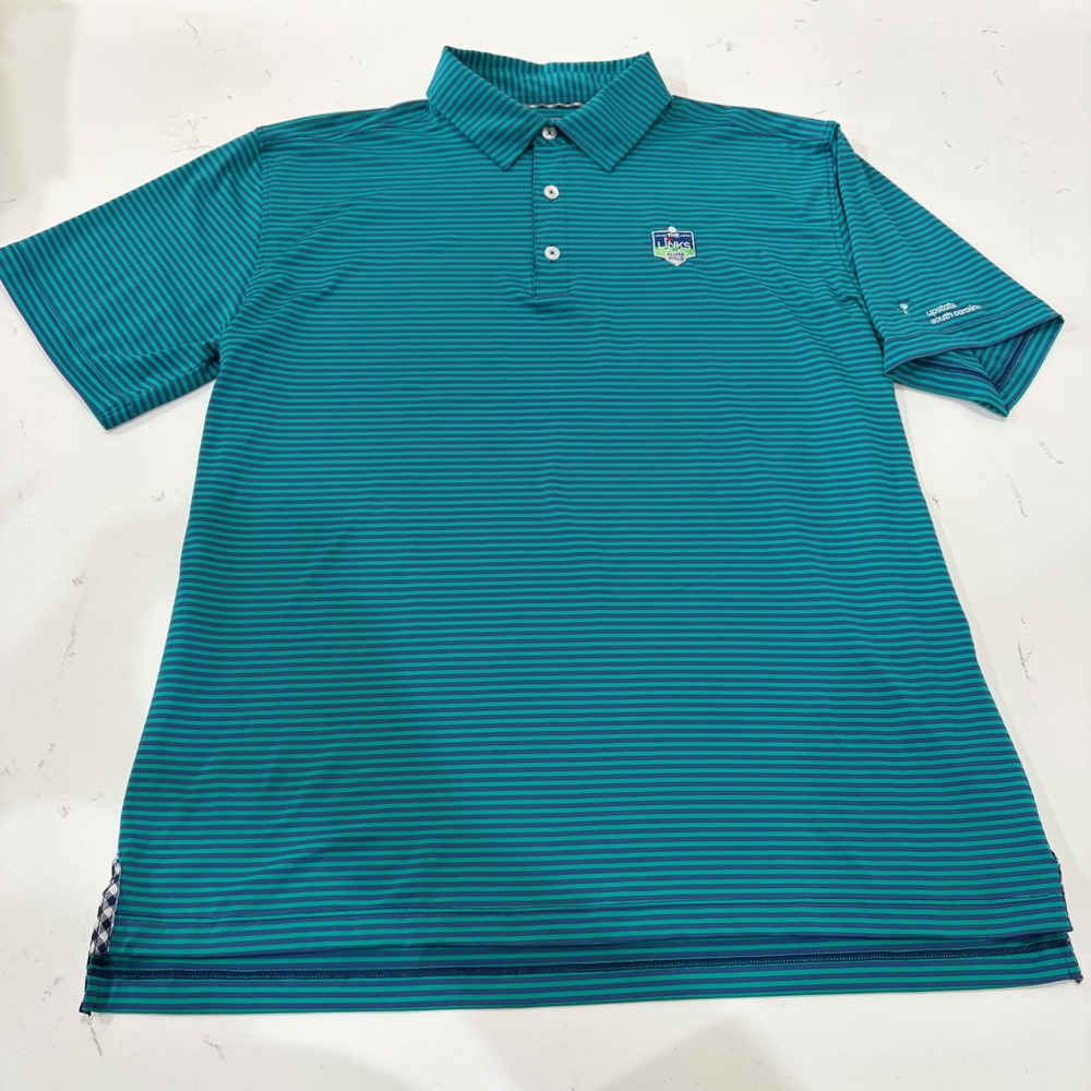 Bald Head Blues Mens XL Polo Shirt Striped The Links at Fluor Field Teal Blue